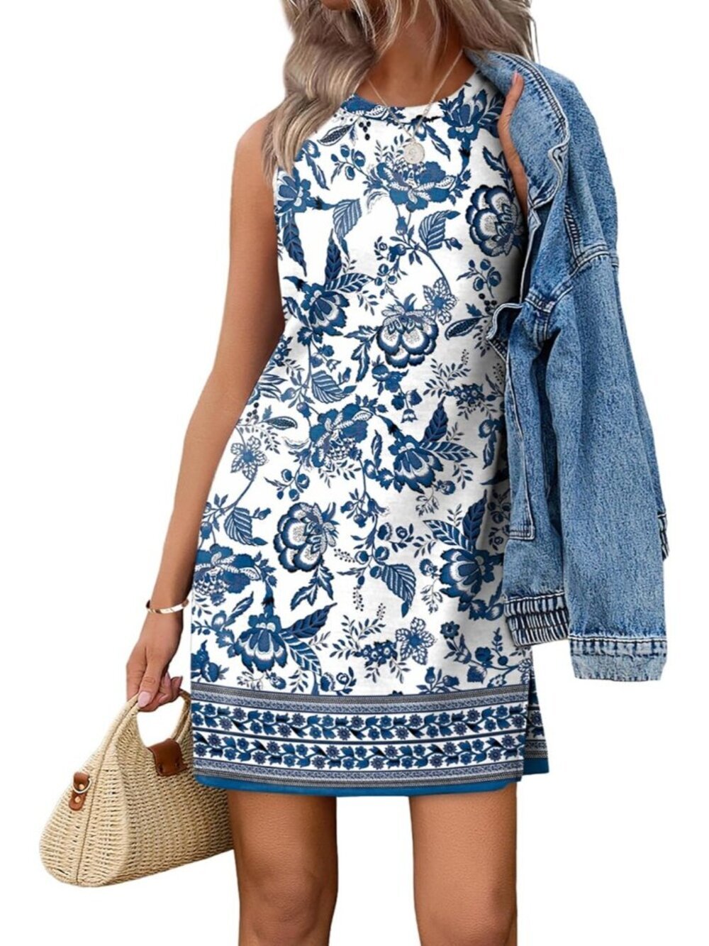 Women's Blue Boho Print Summer Casual Dress Crewneck Sleeveless Tank Dress